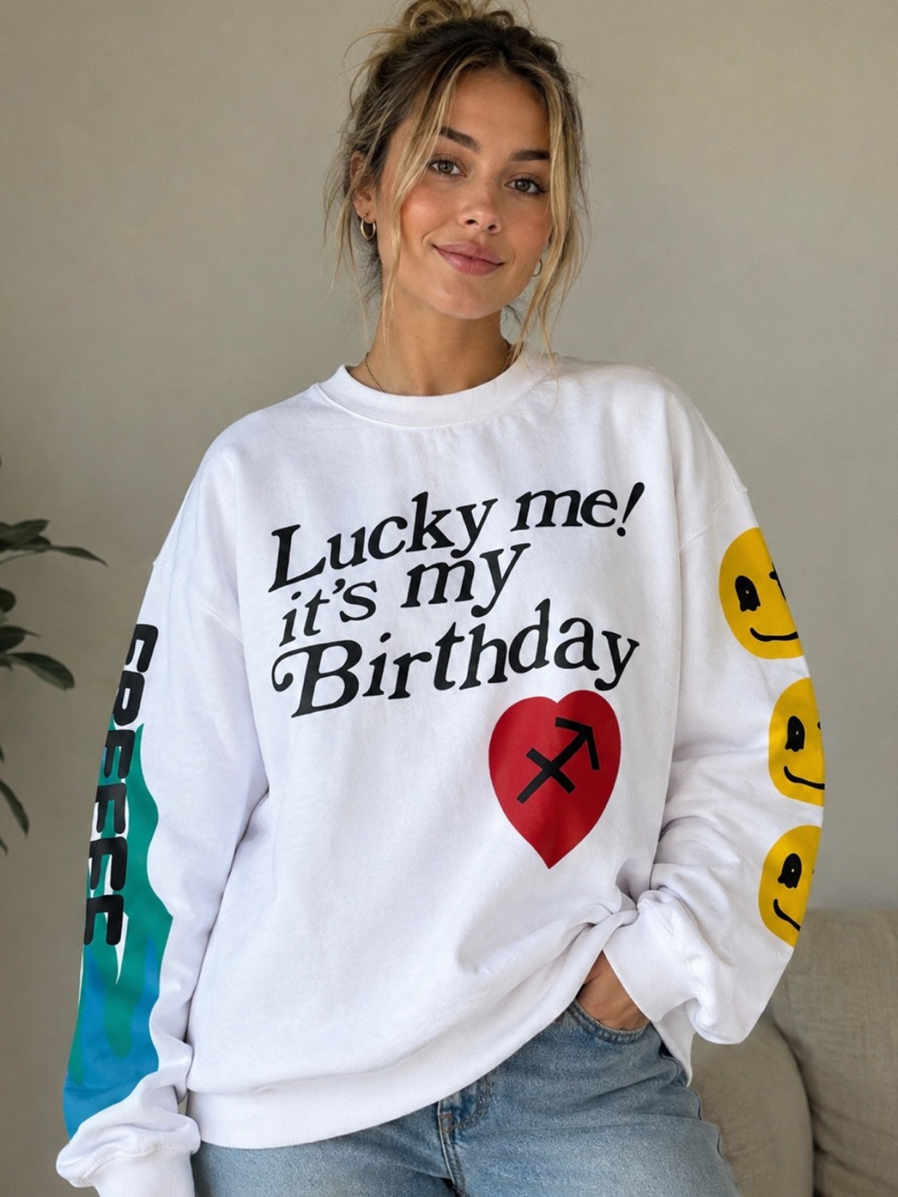 Saint West Lucky Me Birthday Graphic Sweatshirt White Medium NWOT